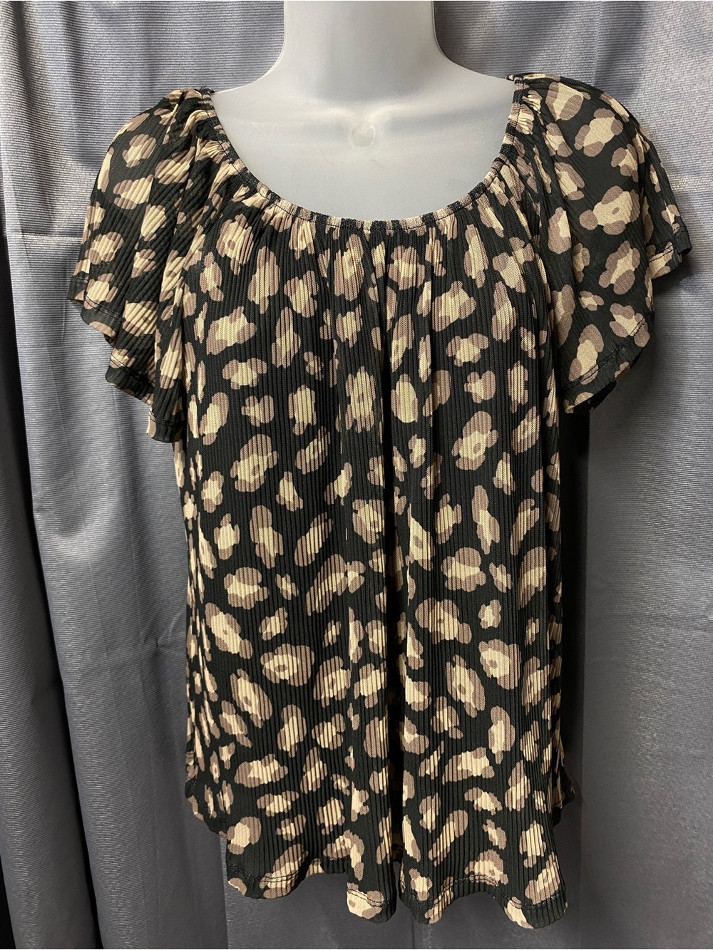 W5 Black Top with Beige Leopard Print and Scoop Neck